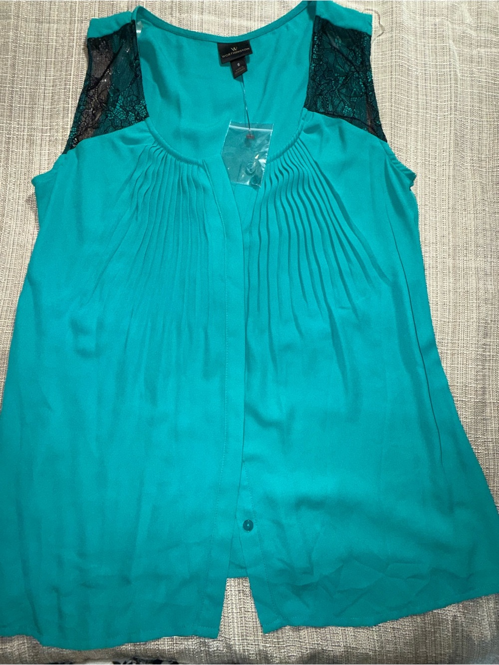 Worthington Teal Sleeveless Pleated Camisole with Black Lace Shoulders